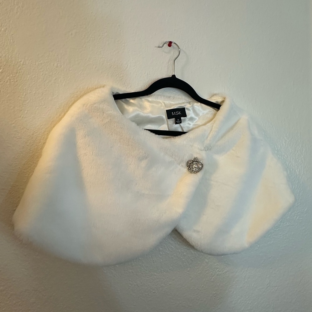 MSK Ivory Faux Fur Shrug with Button Detail